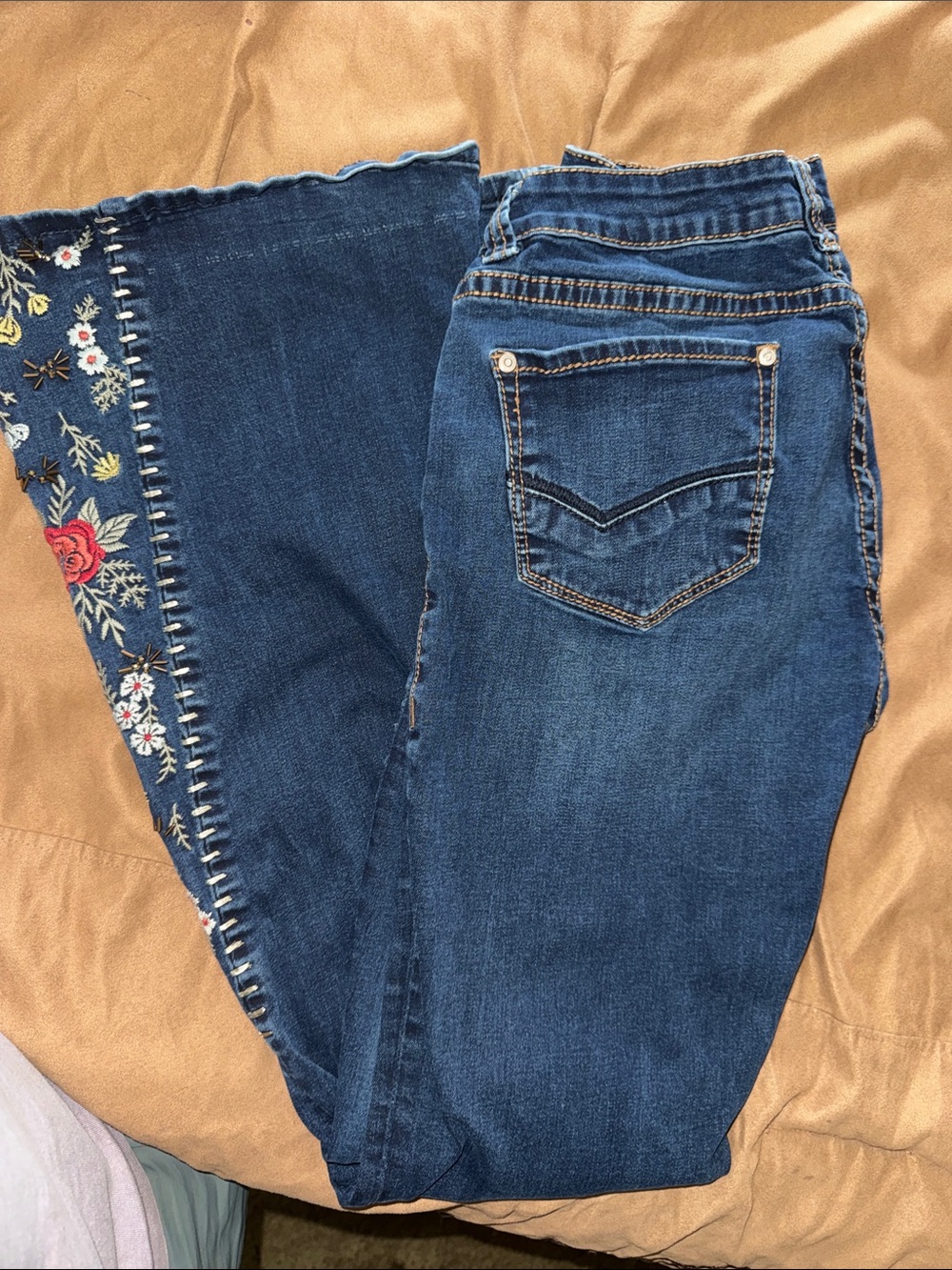 Embroidered Dark Blue Flare Jeans for Women